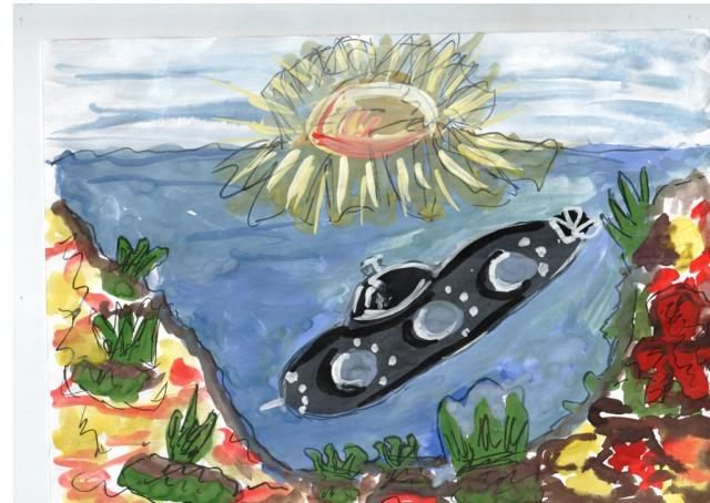 Маркелов Илья, 7 класс,12 лет. «Подводная лодка». Бумага, гуашь, фломастер